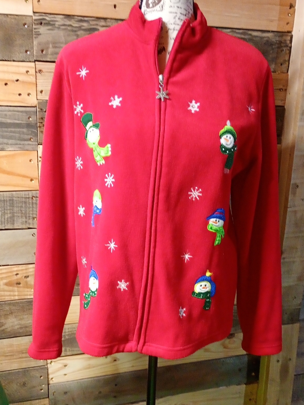 Falls Creek Red Fleece Zip-Up Jacket with Snowman Embroidery Sz Medium